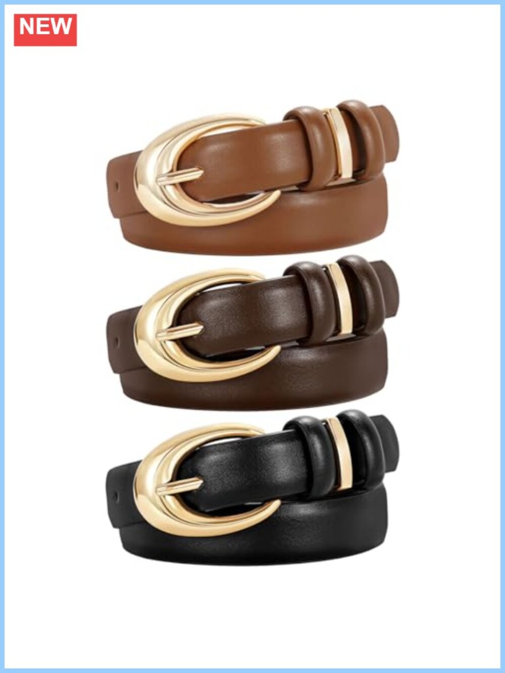 3 Pack Women Faux Leather Belt Set Gold Buckle Jeans Pants